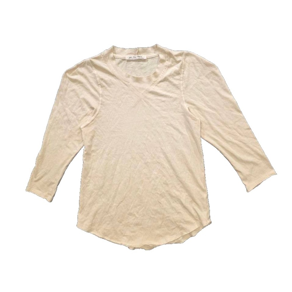 Free People Beige Ribbed Cotton V-Neck 3/4 Sleeve T-Shirt Women Casual S A011508